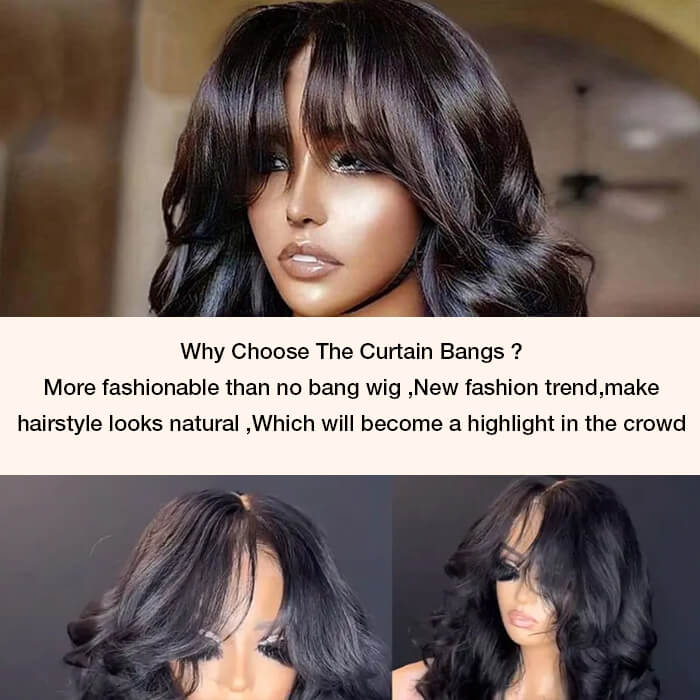 Curtain Bangs Body Wave Glueless 13x4 HD Lace Front Wig for Women 100% Human Hair Pre Plucked Pre Bleached