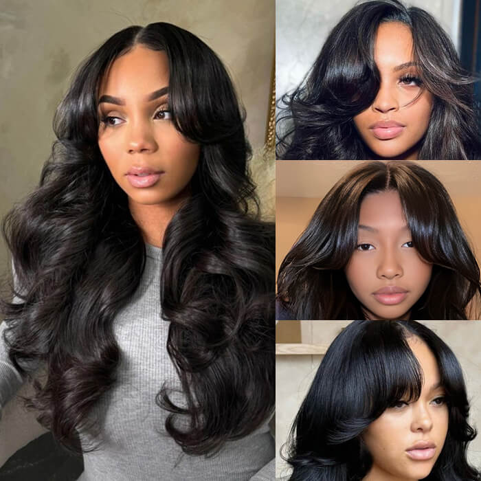 Curtain Bangs Body Wave Glueless 13x4 HD Lace Front Wig for Women 100% Human Hair Pre Plucked Pre Bleached