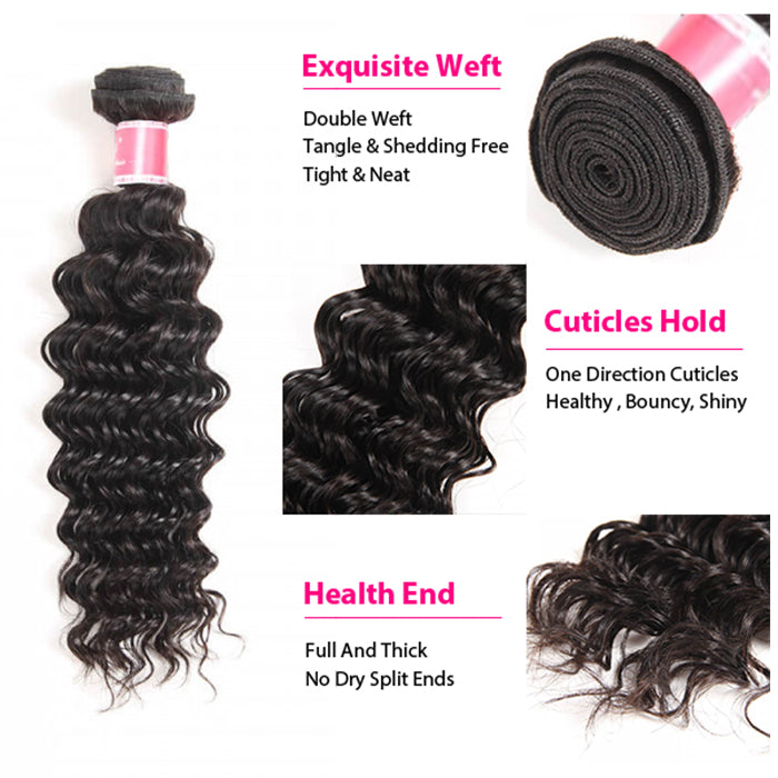 Malaysian Deep Wave 3/4 Bundle Deals Unprocessed Virgin Human Hair Bundles Natural Black Color