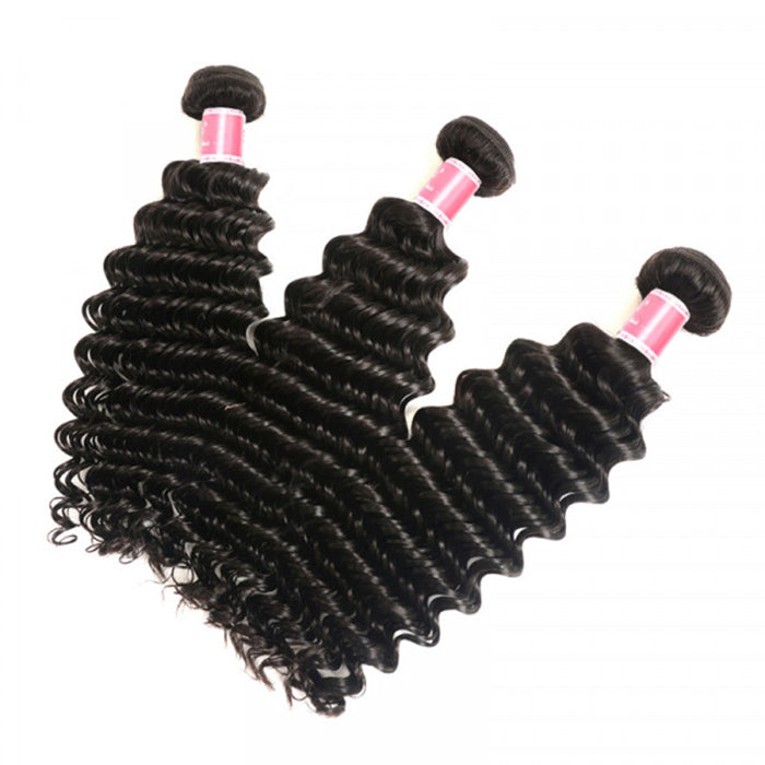 Malaysian Deep Wave 3/4 Bundle Deals Unprocessed Virgin Human Hair Bundles Natural Black Color