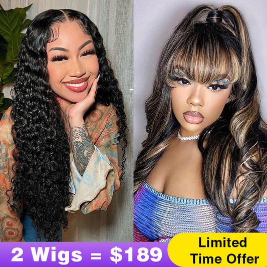 2Wigs = $189 | Water Wave Glueless Wig + Highlight Body Wave Wig With Bangs