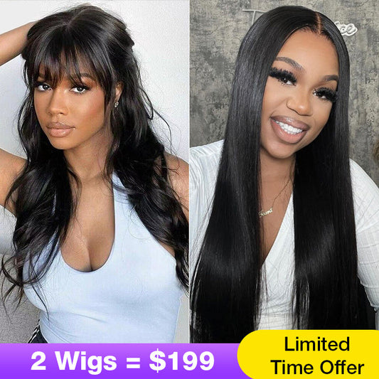 2Wigs = $199 | Silky Straight & Body Wave Wig With Bangs 8x5 HD Lace Put On And Go Quick & Easy Glueless Wig