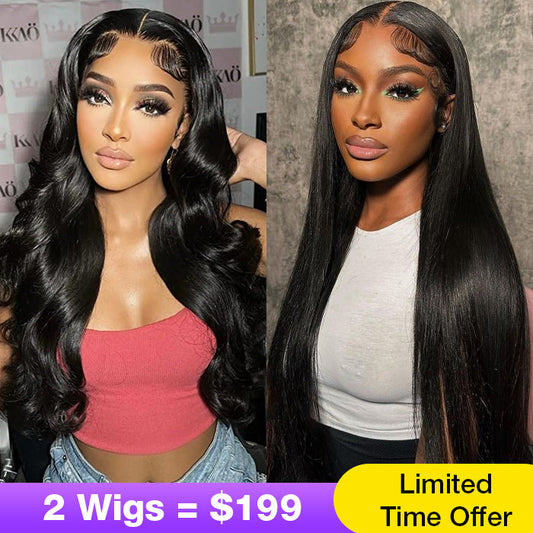 2Wigs = $199 | Silky Straight & Body Wave Super Natural Glueless 8x5 HD Lace Bleached Knots Put On & Go Wig