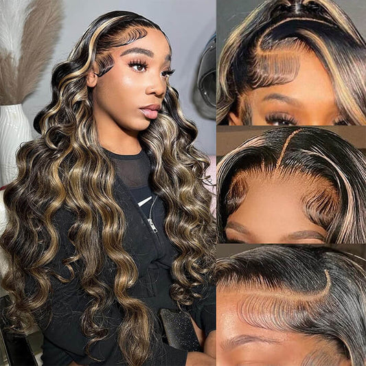 M1B/27 Balayage Highlight 13x6 Full Lace Frontal Human Hair Pre Plucked Natural Hairline Glusless Wigs