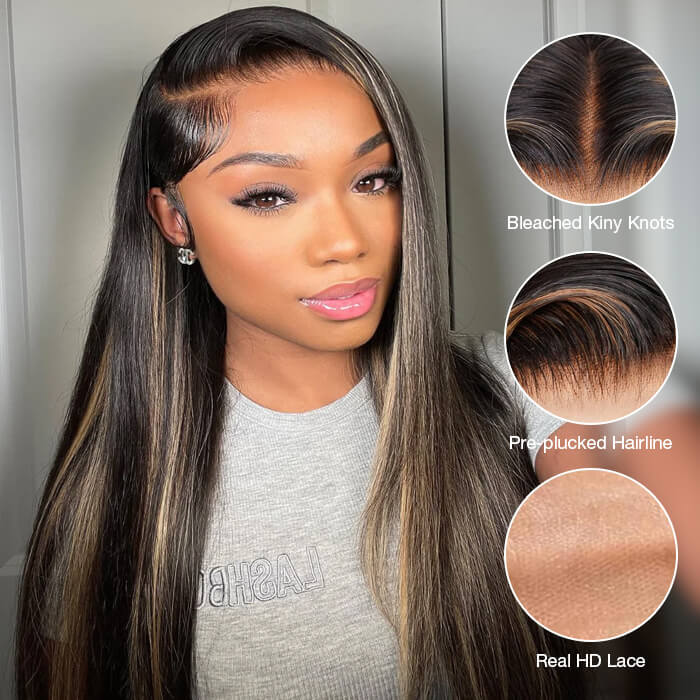 #1b/27 Blonde Highlights 4x4 HD Lace Closure Glueless Human Hair Wig