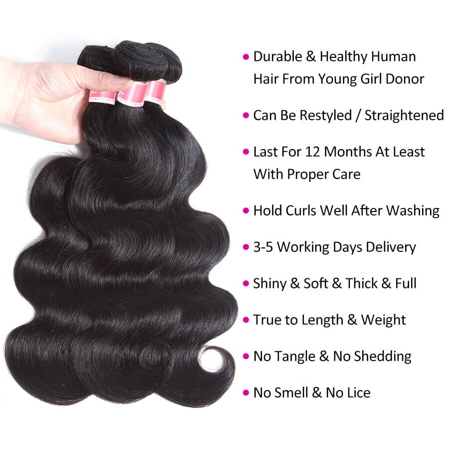 Brazilian Body Wave 3 Bundles 12A Unprocessed Virgin Human Hair Weave Natural Black Color Hermosa Hair