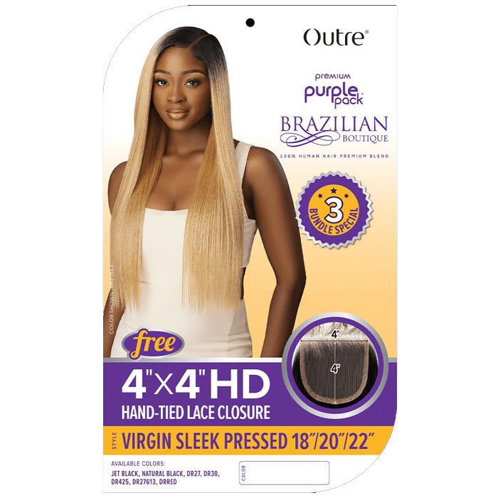 Outre Purple Pack Brazilian Boutique Human Hair Blend Weave - SLEEK PRESSED 4PCS (18/20/22 inch + 4X4 HD lace closure)
