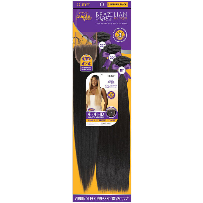 Outre Purple Pack Brazilian Boutique Human Hair Blend Weave - SLEEK PRESSED 4PCS (18/20/22 inch + 4X4 HD lace closure)