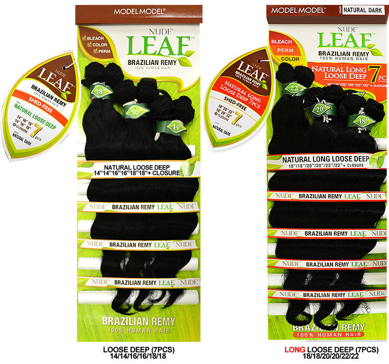 Model Model Nude Leaf Brazilian Remy 100% Human Hair NATURAL LOOSE DEEP or LONG LOOSE DEEP 7 Pcs