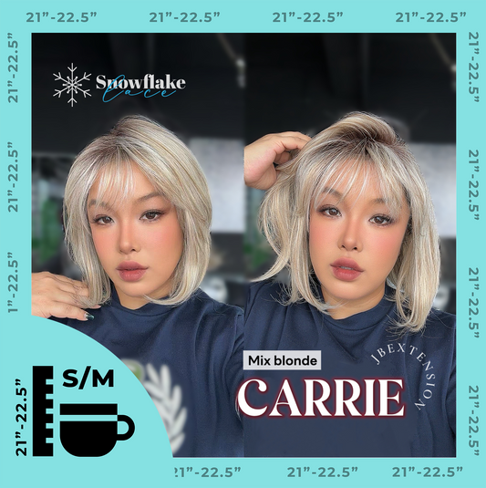 JBEXTENSION 11 Inches Short Hair Mix Blonde Pre-Cut T Part Snowflake Lace Frontlace Glueless Wig with Bangs CARRIE MIX BLONDE【BENDY EAR TABS】