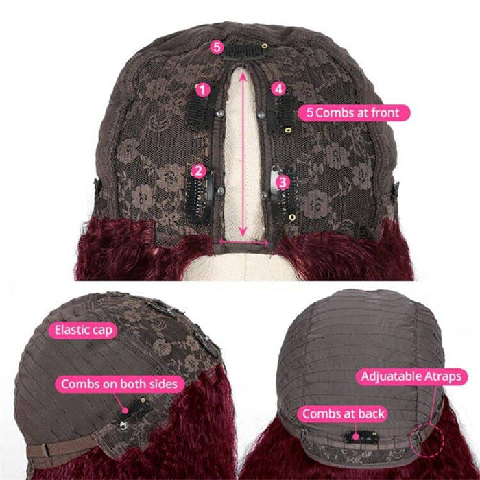 Glueless V/U Part Jerry Curly Wig 99J Burgundy Red Color With Dark Roots Beginner Friendly