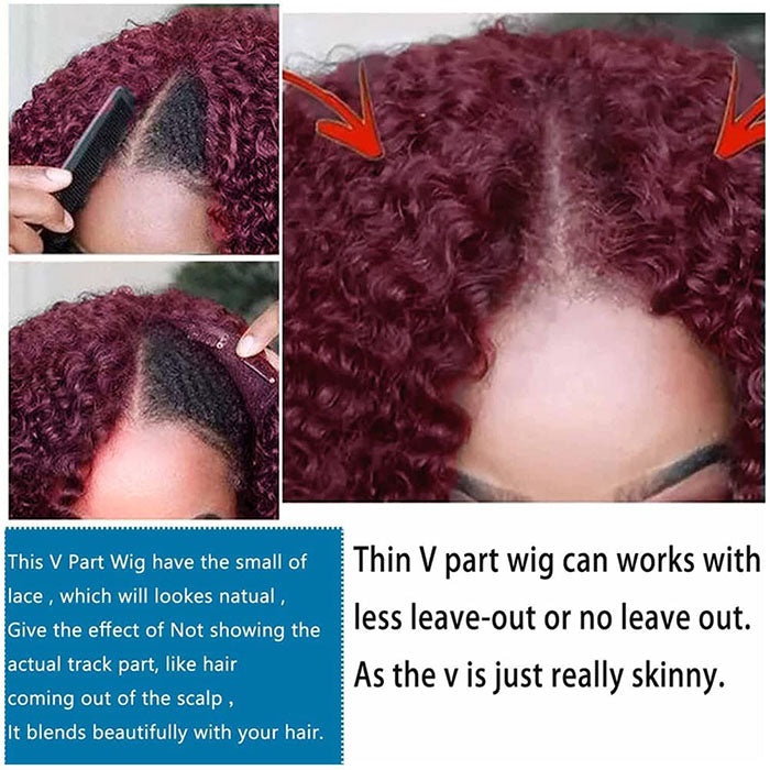 Glueless V/U Part Jerry Curly Wig 99J Burgundy Red Color With Dark Roots Beginner Friendly