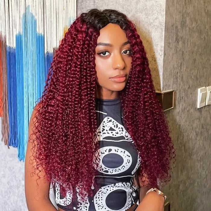 Glueless V/U Part Jerry Curly Wig 99J Burgundy Red Color With Dark Roots Beginner Friendly