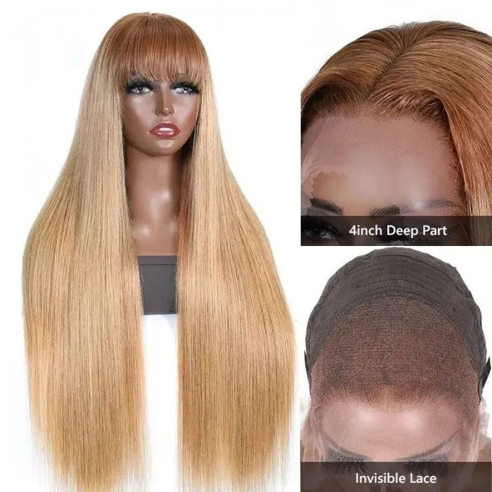 Ombre Blonde Silky Straight 13x4 Lace Front Wigs/Full Machine Made Wig With Brown Bangs