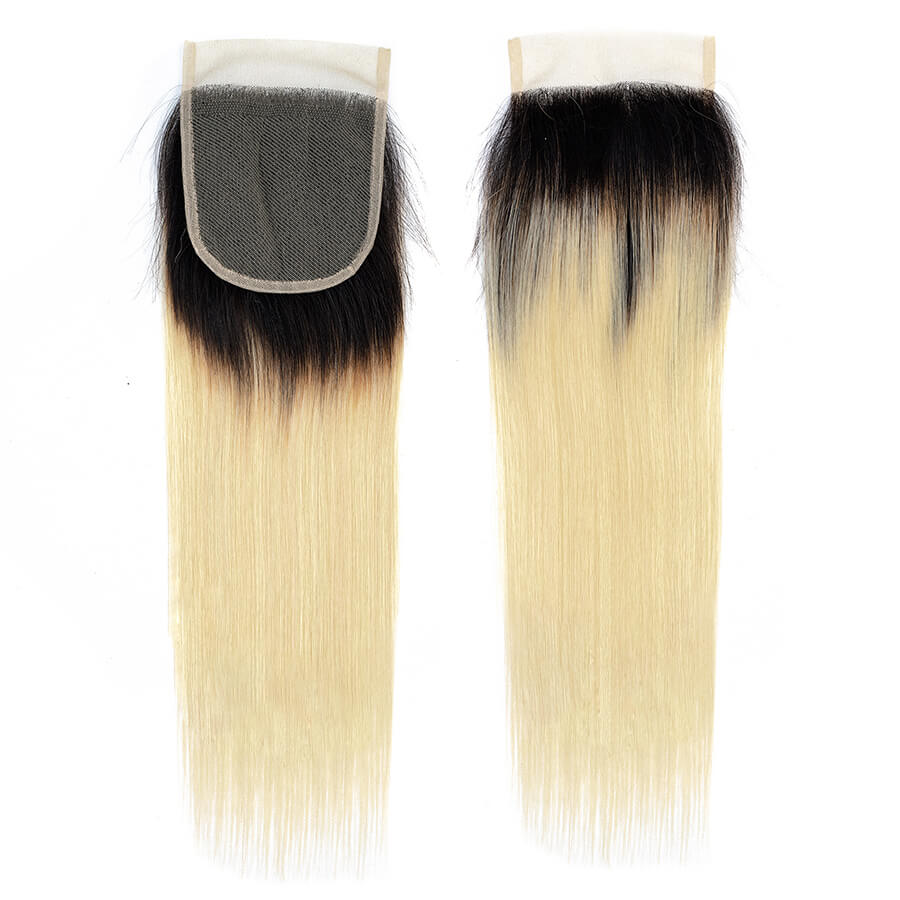 Ombre T1B/613 Blonde Brazilian Straight Hair 3 Bundles With 4*4 Closure Virgin Human Hair