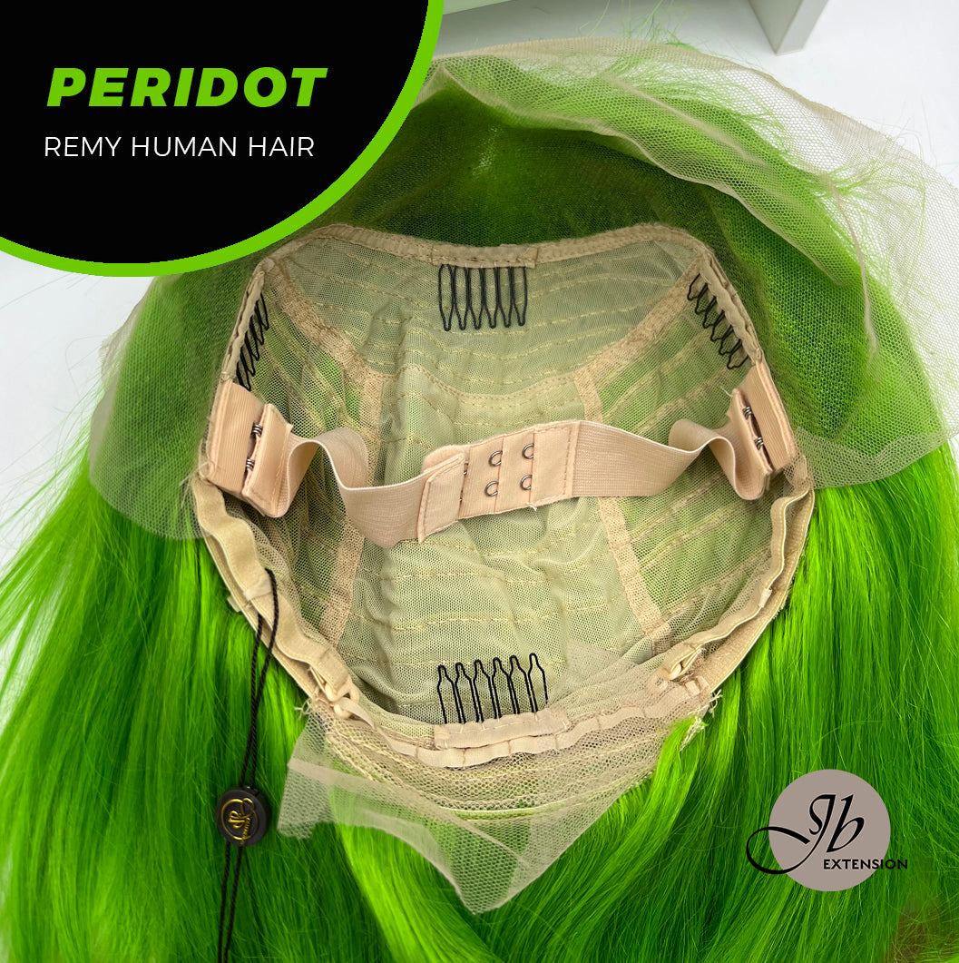 JBEXTENSION GEMSTONE COLLECTION 12 Inches Real Human Hair Light Green Bob Cut Free Parting Wig PERIDOT