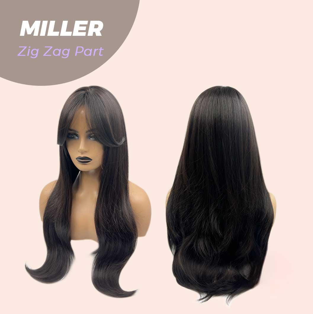 JBEXTENSION 26 Inches Soft Black Curly Zig Zag Part Wig With Bangs MILLER