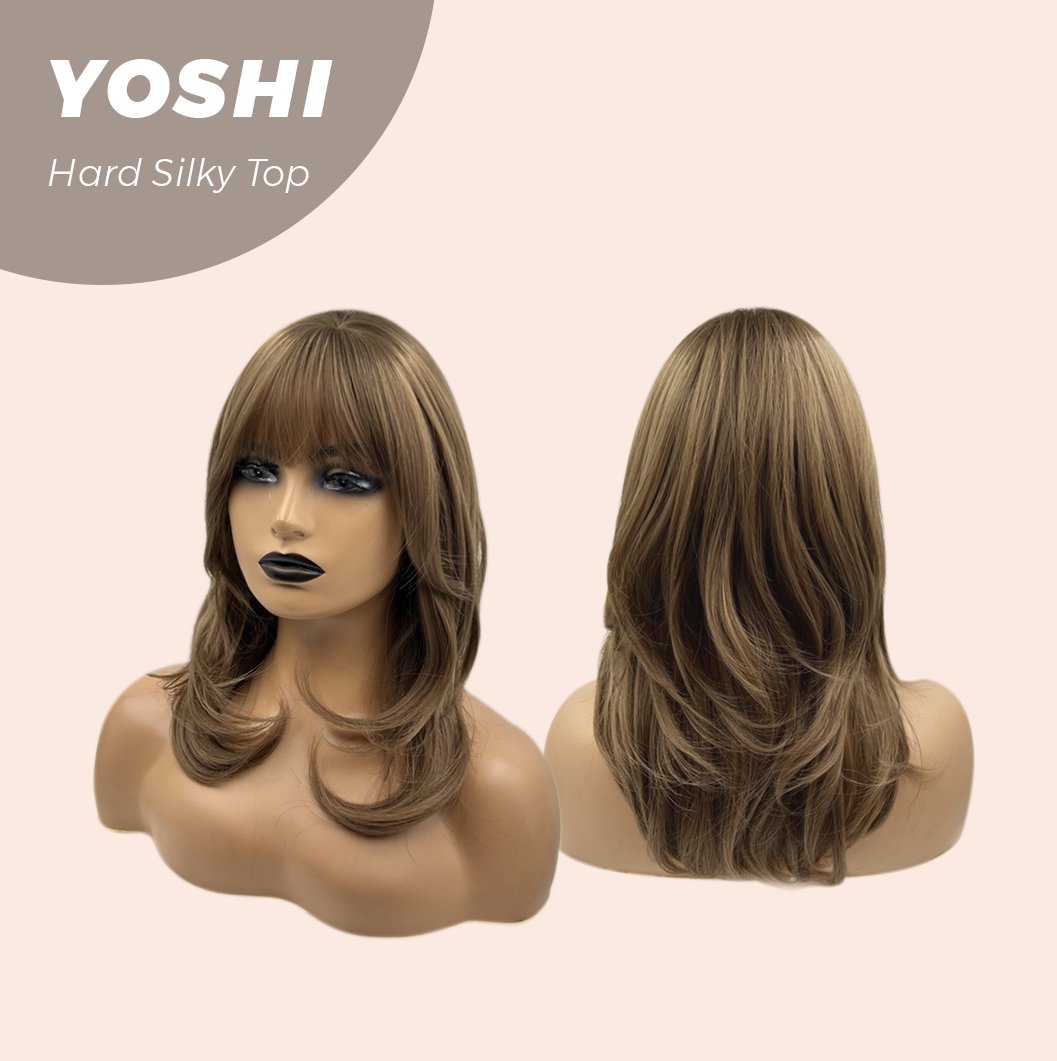 JBEXTENSION 16 Inches Scalpiana Hush Cut Light Brown 3.5X4 Hard Silky Top Natural Scalp Effect Wig With Bangs YOSHI SILKY TOP