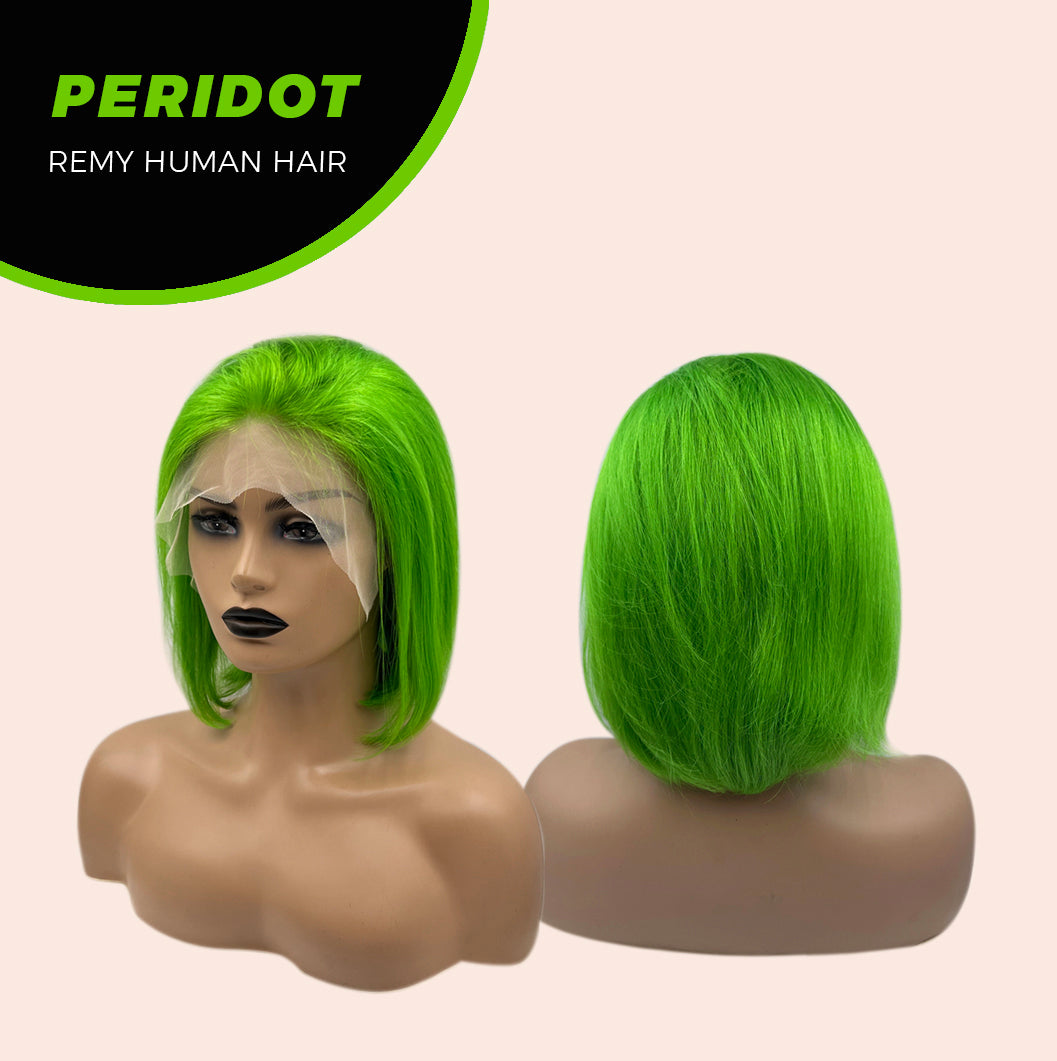 JBEXTENSION GEMSTONE COLLECTION 12 Inches Real Human Hair Light Green Bob Cut Free Parting Wig PERIDOT