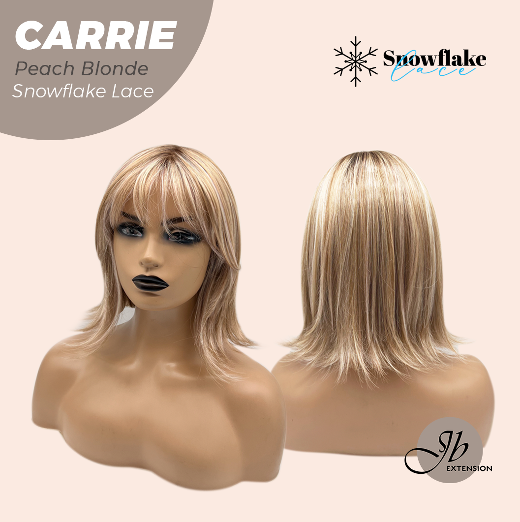 JBEXTENSION 11 Inches Short Hair Peach Blonde Pre-Cut T Part Snowflake Lace Frontlace Glueless Wig with Bangs CARRIE PEACH BLONDE【BENDY EAR TABS】