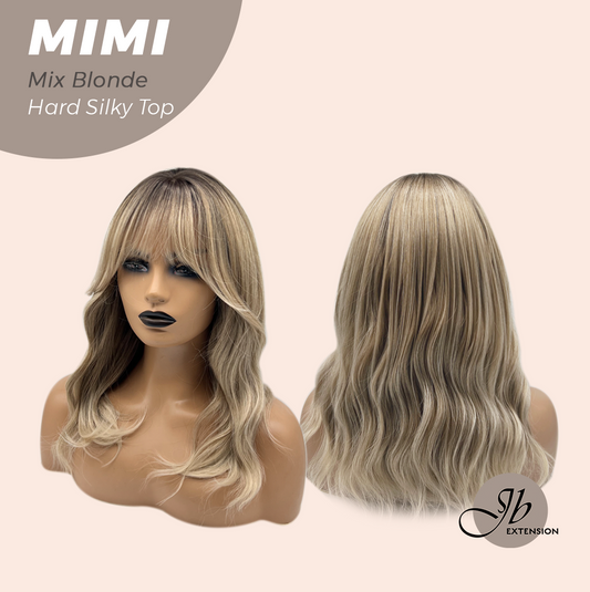 JBEXTENSION 16 Inches Scalpiana 3.5X4 Hard Silky Top Natural Scalp Effect Mix Blonde Body Wave Wig With Bangs Wig MIMI SILK TOP MIX BLONDE