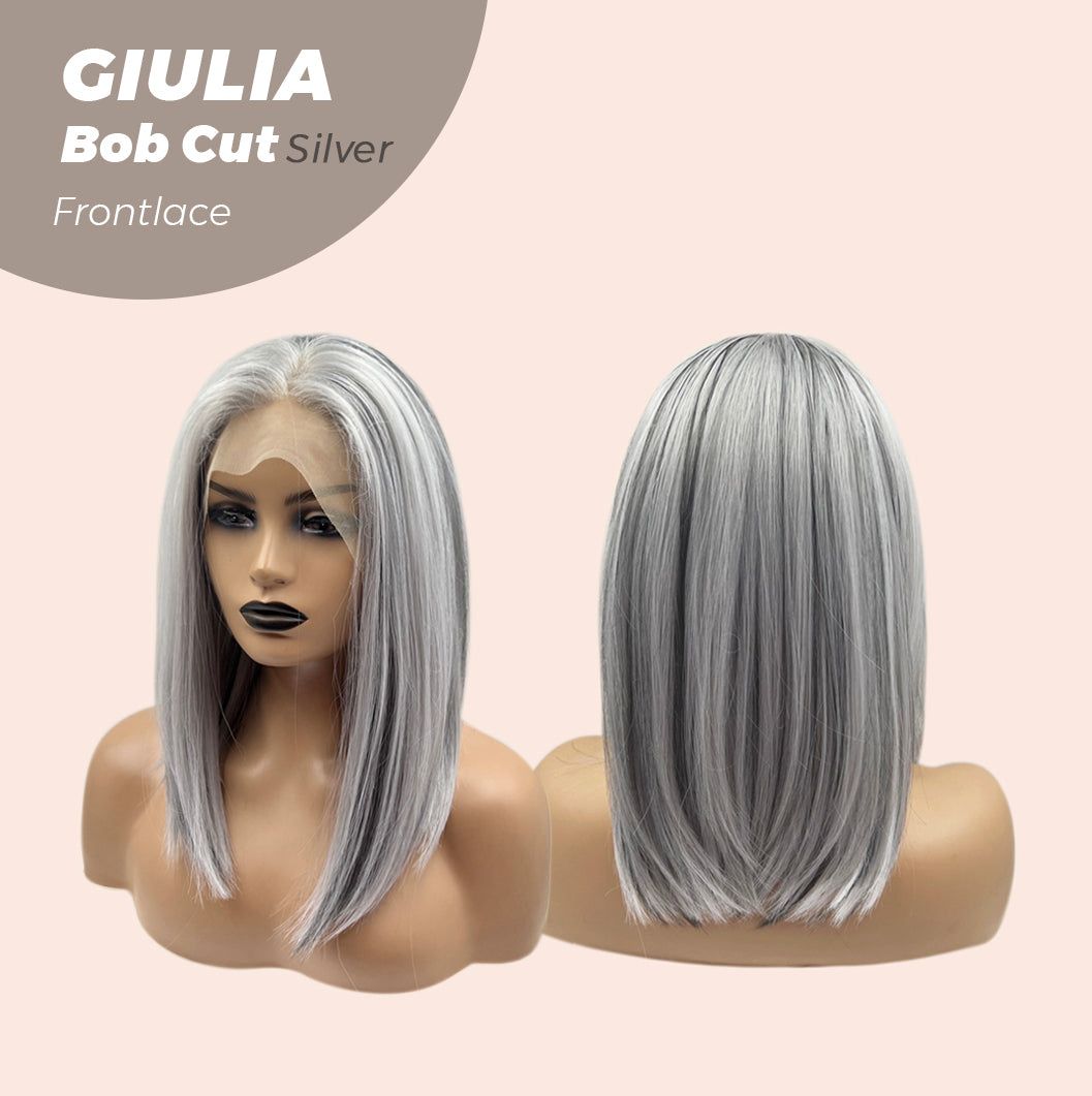 JBEXTENSION 14 Inches Bob Cut Mix Silver Frontlace Glueless Wig GIULIA BOB SILVER (FREE PARTING)