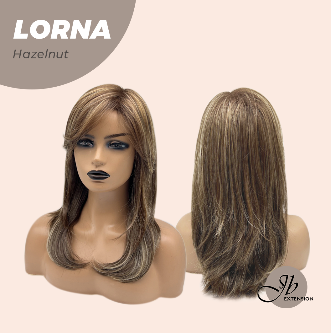 JBEXTENSION 18 Inches Hazelnut Blonde Highlight Curly Women Fashion Full Machine Wig With Bangs LORNA HAZELNUT【PLUS PERMATEASE】【BENDY EAR TABS】