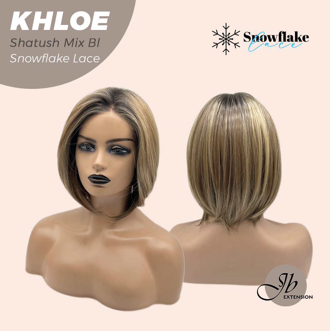 JBEXTENSION 12 Inches Bob Cut Shatush Mix Blonde Pre-Cut Snowflake Lace Frontlace Glueless Wig KHLOE SHATUSH MIX BLONDE【PERMATEASE】【BENDY EAR TABS】- M/L