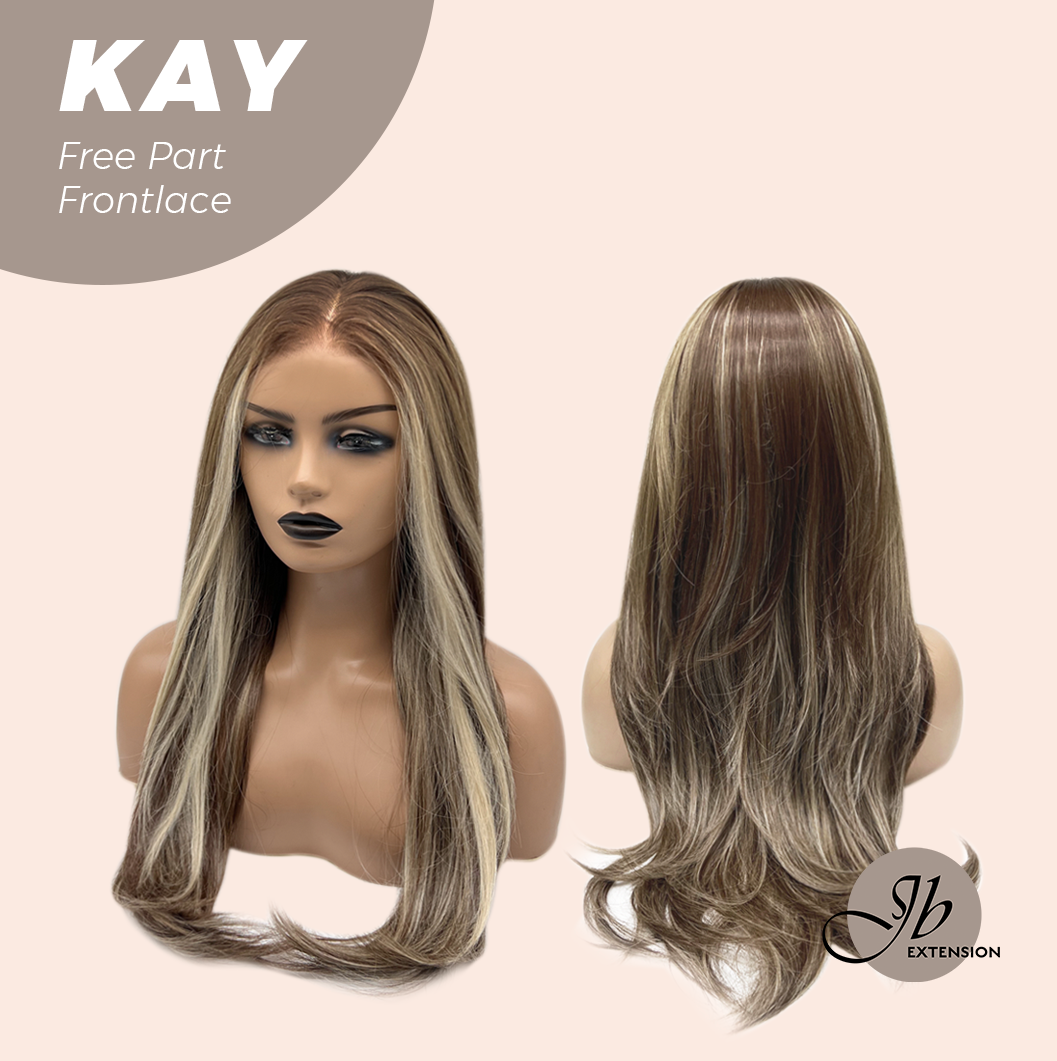 JBEXTENSION 24 Inches Brown With Highlight Curly Pre-Cut Free Part Frontlace Glueless Wig KAY FREE PART