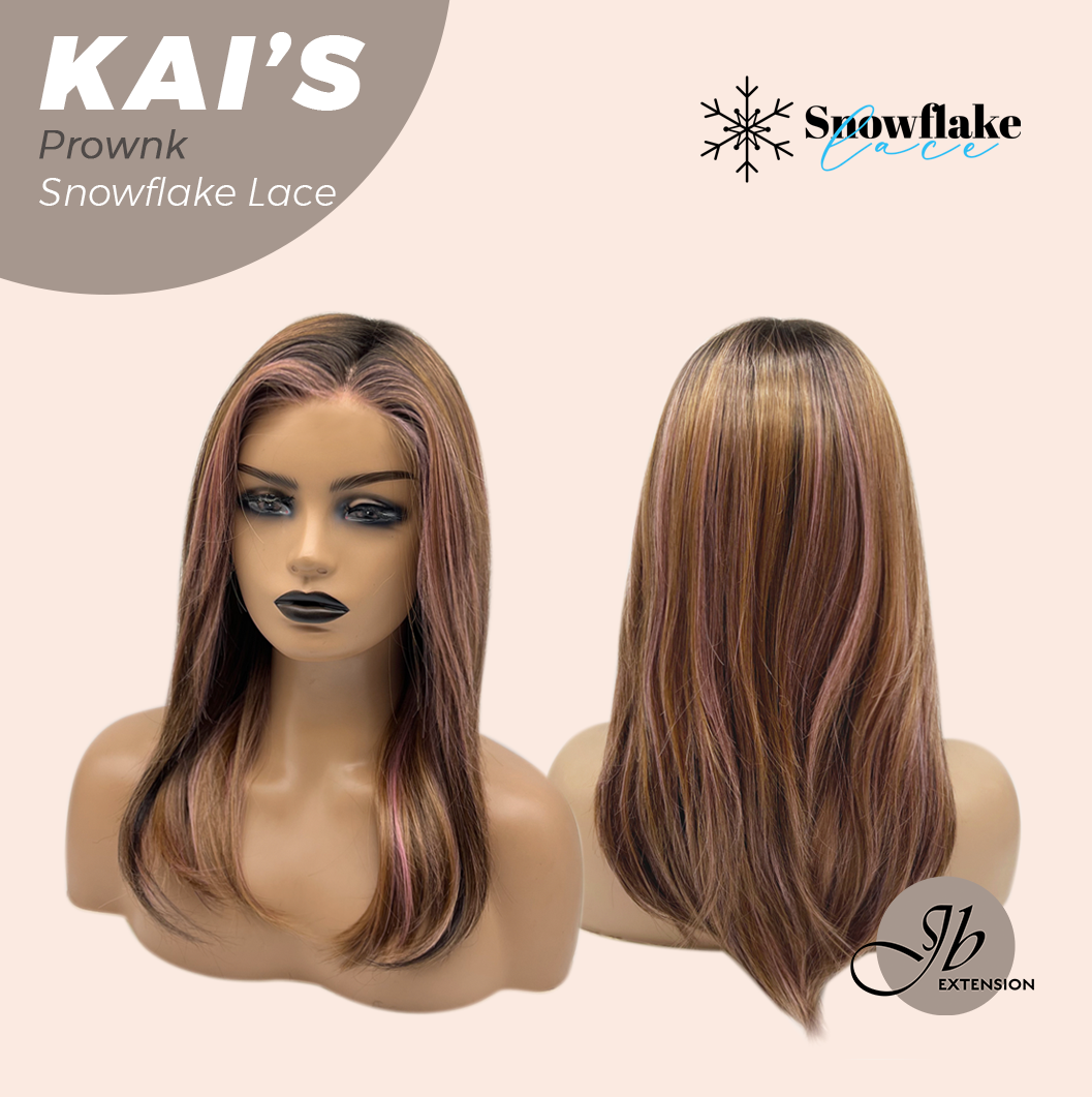 JBEXTENSION 18 Inches Brown with Pink Highlight Pre-Cut Snowflake Lace Frontlace Glueless Wig KAI'S PROWNK【PERMATEASE】【BENDY EAR TABS】- M/L