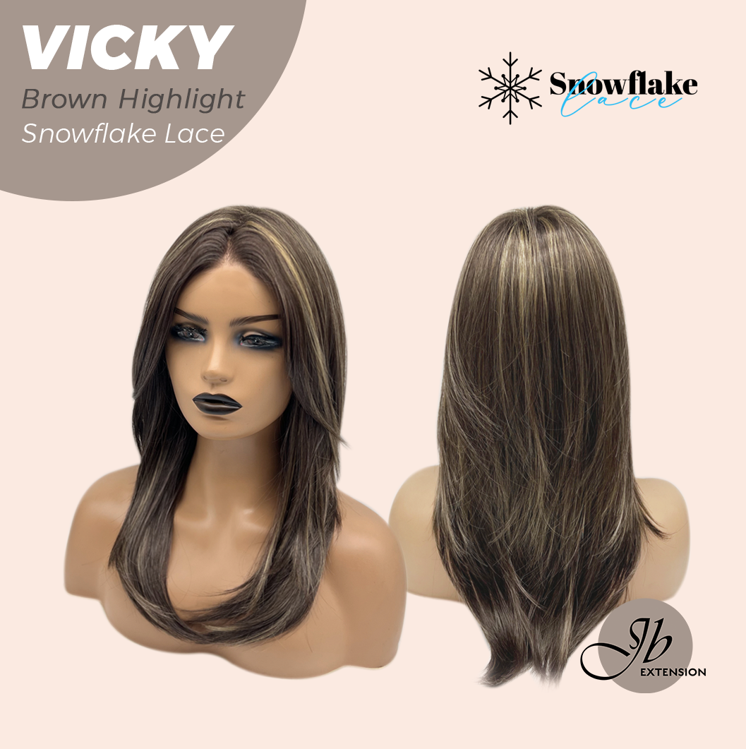 JBEXTENSION 20 Inches Dark Brown with Highlight Pre-Cut Snowflake Lace Frontlace Glueless Wig VICKY BROWN HIGHLIGHT【PERMATEASE】【BENDY EAR TABS】- M/L