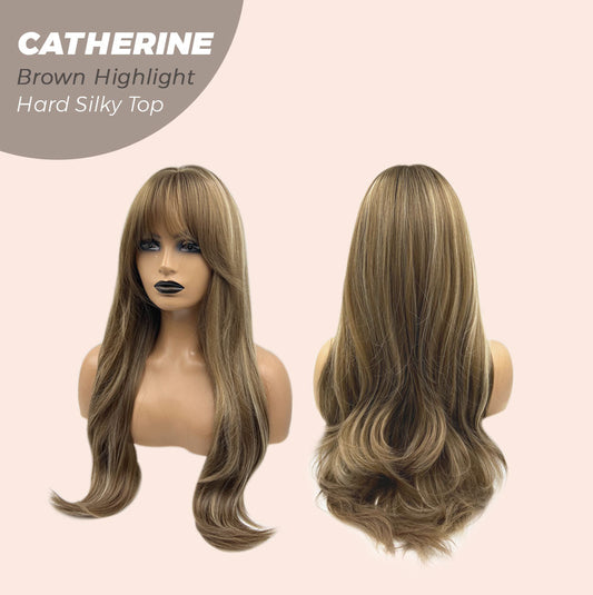 JBEXTENSION 25 Inches Scalpiana Brown With Highlight 3.5X4 Hard Silky Top Natural Scalp Effect Wig With Bangs CATHERINE BROWN HIGHLIGHT