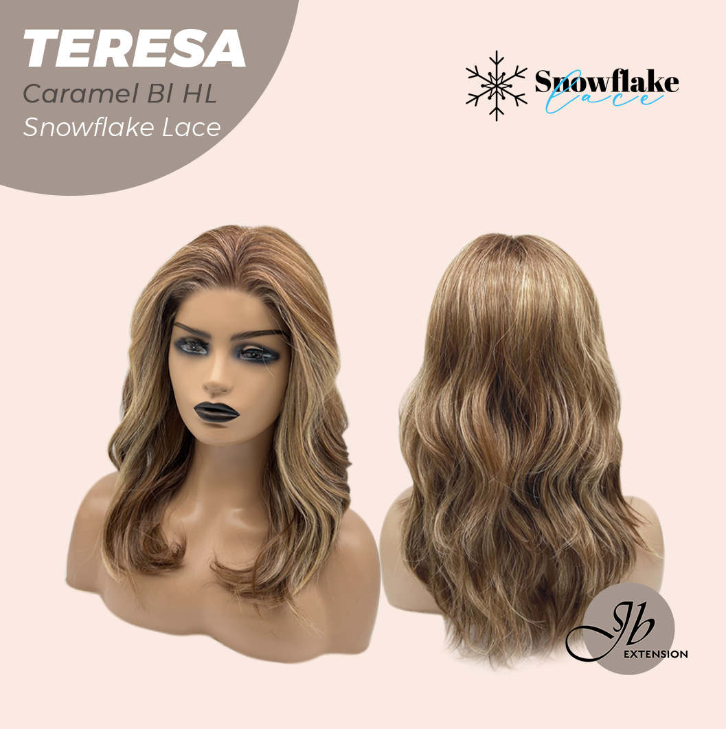 JBEXTENSION 18 Inches Caramel Blonde Highlight Pre-Cut Snowflake Lace Frontlace Glueless Wig TERESA CARAMEL BLONDE HIGHLIGHT【PERMATEASE】【BENDY EAR TABS】