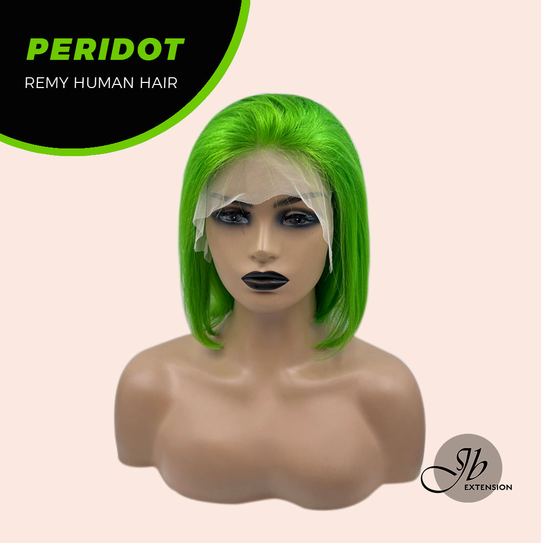 JBEXTENSION GEMSTONE COLLECTION 12 Inches Real Human Hair Light Green Bob Cut Free Parting Wig PERIDOT