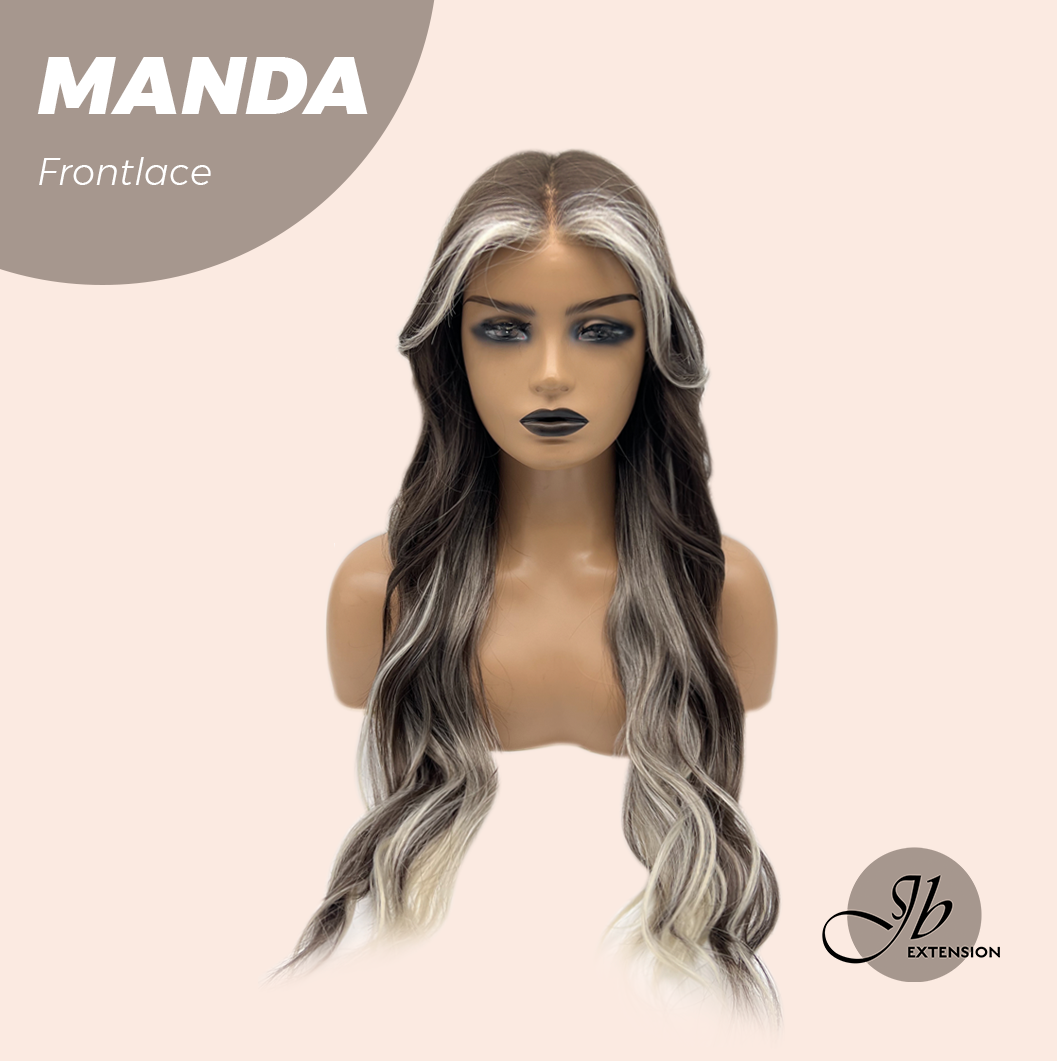 JBEXTENSION 26 Inches Wave Brown with Grey Highlight Pre-Cut Frontlace Glueless Wig MANDA LACE