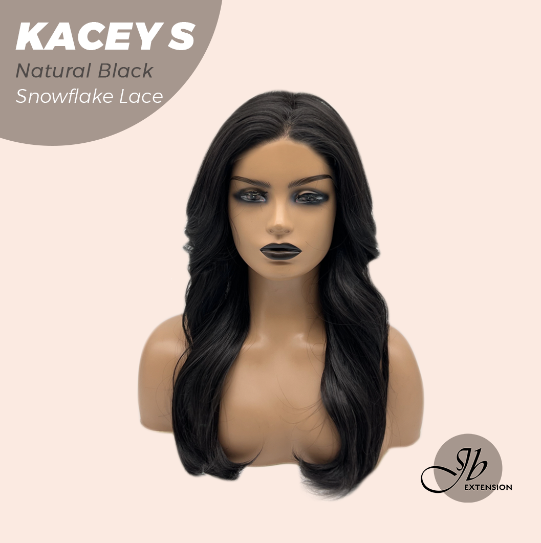 JBEXTENSION 20 Inches Natural Black Pre-Cut Snowflake Lace Frontlace Glueless Wig KACEY S NATURAL BLACK【PERMATEASE】【BENDY EAR TABS】- S/M