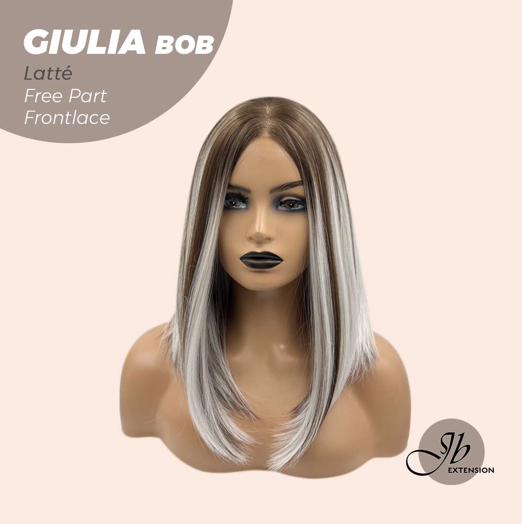 JBEXTENSION 14 Inches Bob Cut Mix Color With Highlight Free Part Pre-Cut Frontlace Glueless Wig GIULIA BOB LATTé (FREE PARTING)