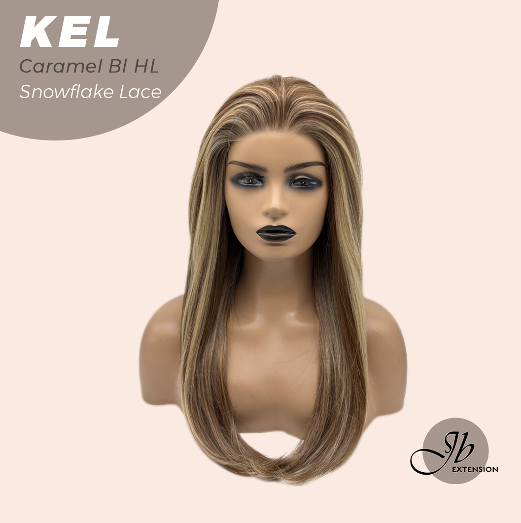 JBEXTENSION 22 Inches Caramel Blonde Highlight Pre-Cut Snowflake Lace Frontlace Glueless Wig KEL CARAMEL BLONDE HIGHLIGHT【PERMATEASE】【BENDY EAR TABS】