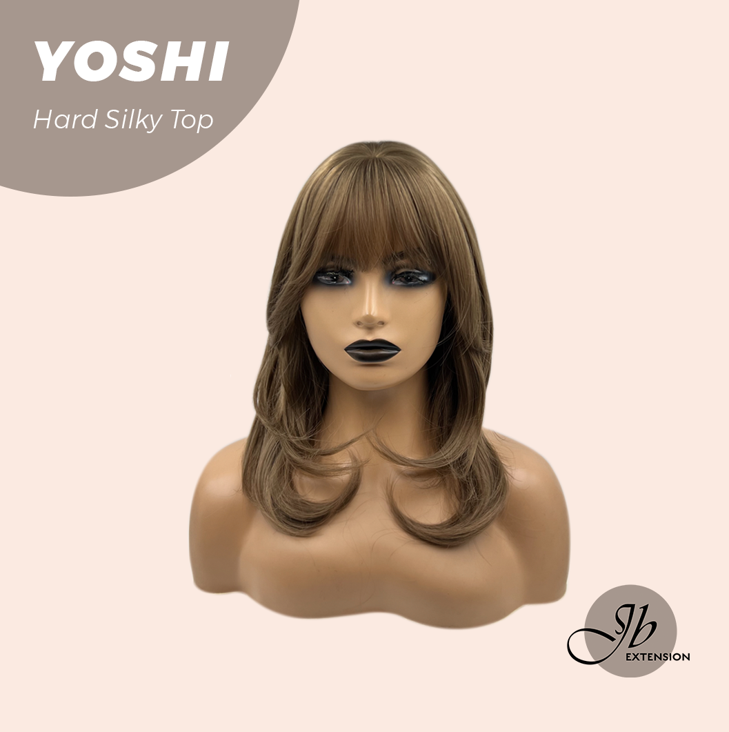 JBEXTENSION 16 Inches Scalpiana Hush Cut Light Brown 3.5X4 Hard Silky Top Natural Scalp Effect Wig With Bangs YOSHI SILKY TOP