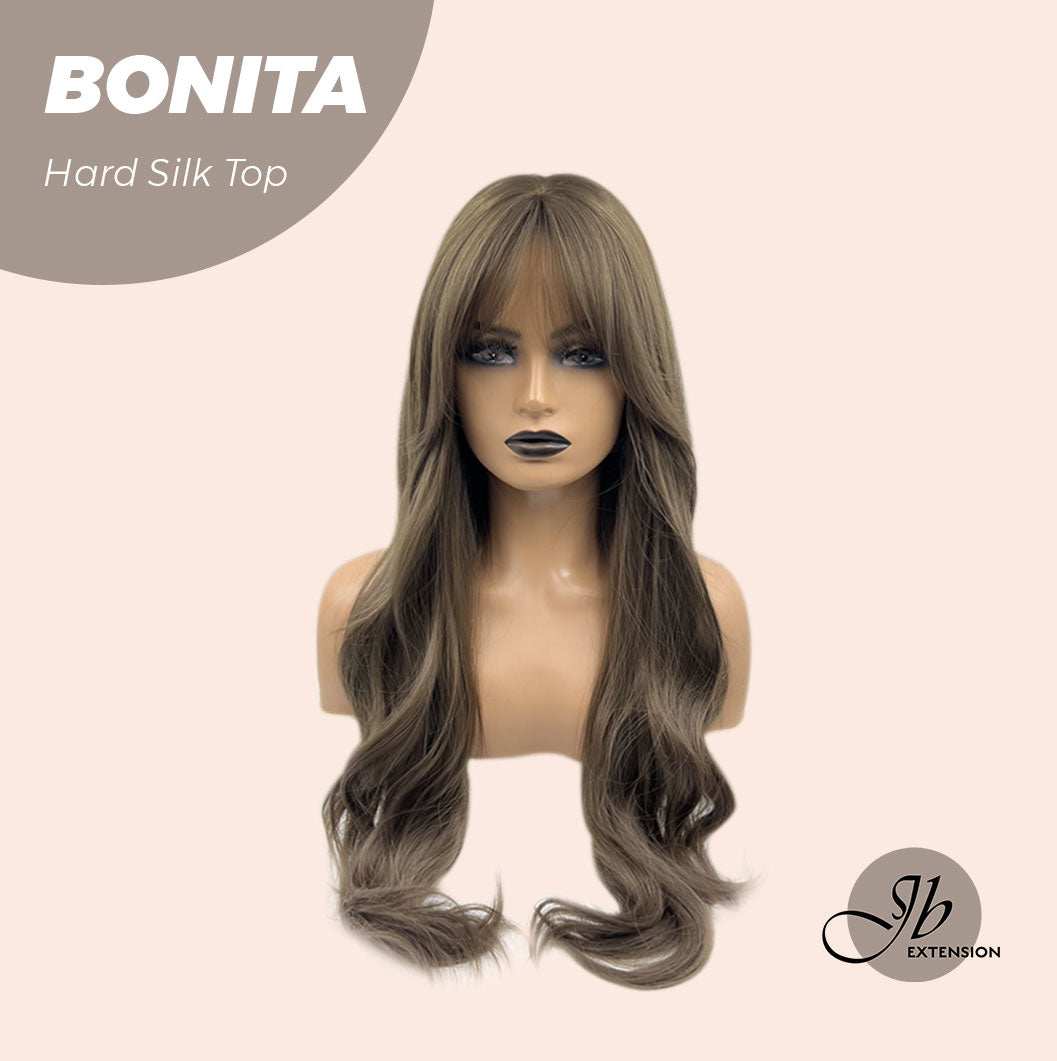HOT OF SEASON - JBEXTENSION 26 Inches Scalpiana Brown Curly 3.5X4 Hard Silky Top Natural Scalp Effect Wig With Bangs BONITA