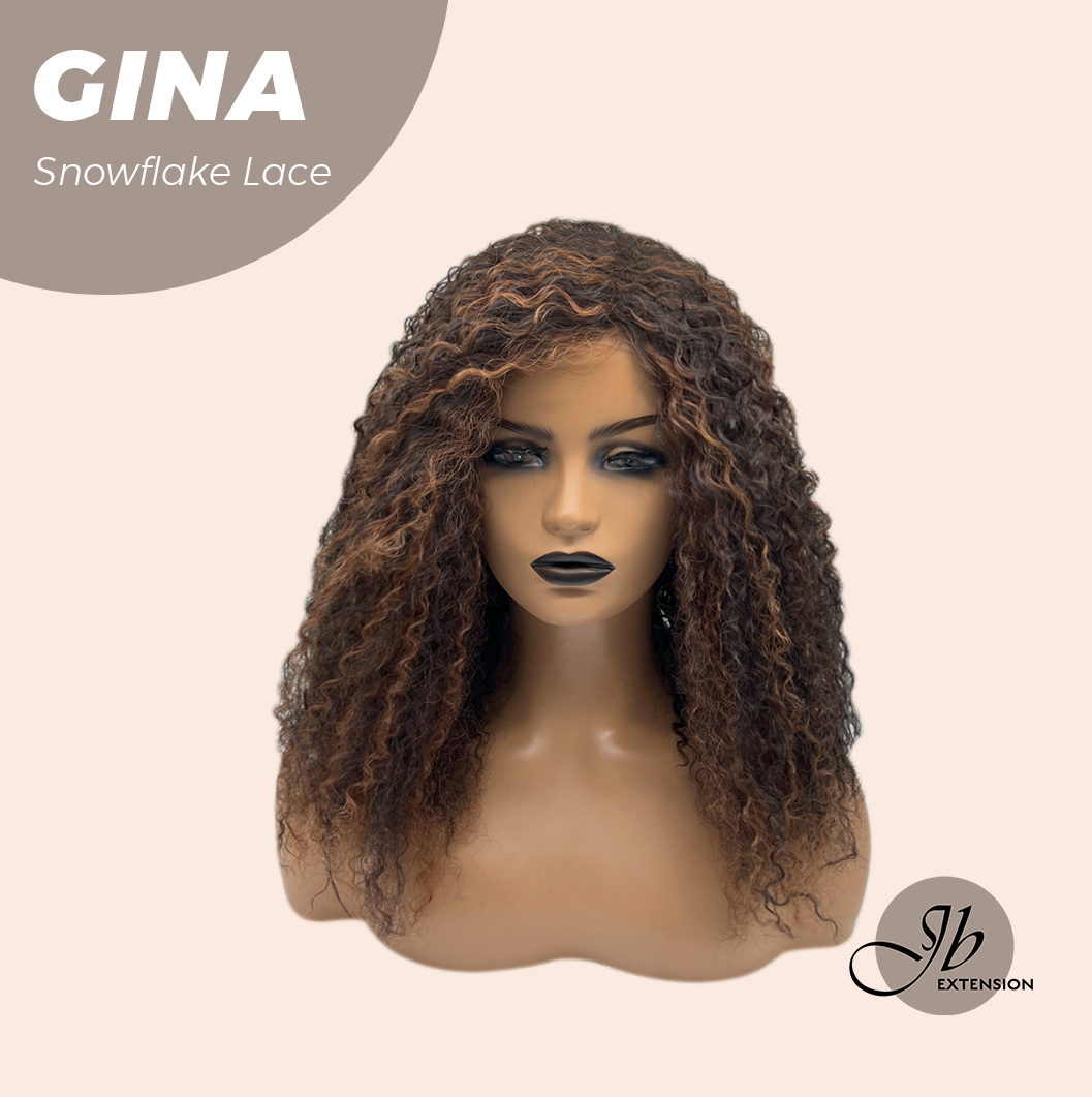 JBEXTENSION 16 Inches Deep Curly Black with Brown Highlight Pre-Cut Snowflake Lace Frontlace Glueless Wig GINA SNOWFLAKE【PERMATEASE】【BENDY EAR TABS】