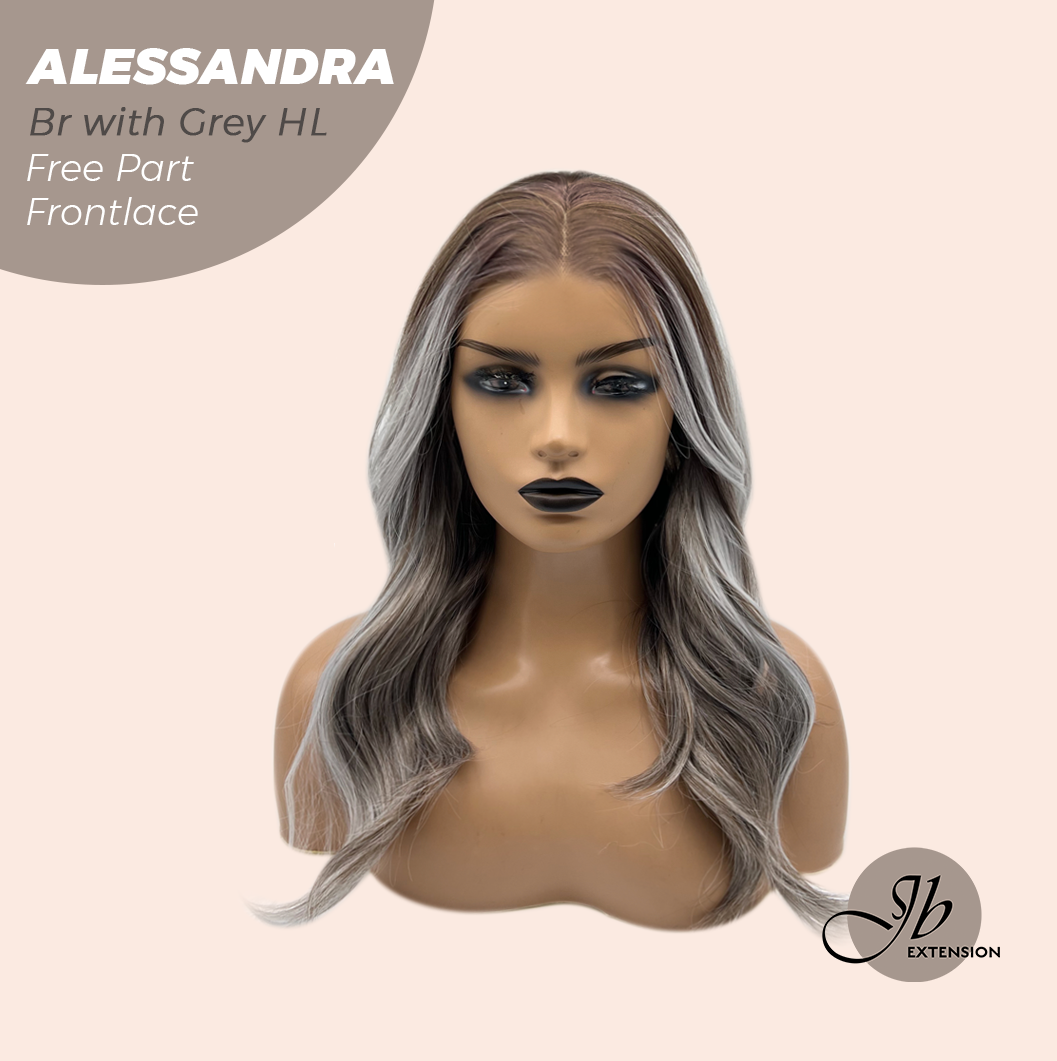 JBEXTENSION 20 Inches Brown with Grey Highlight Curly Fiber X, Tangle Less Pre-Cut Free Part Frontlae Glueless Wig ALESSANDRA GREY