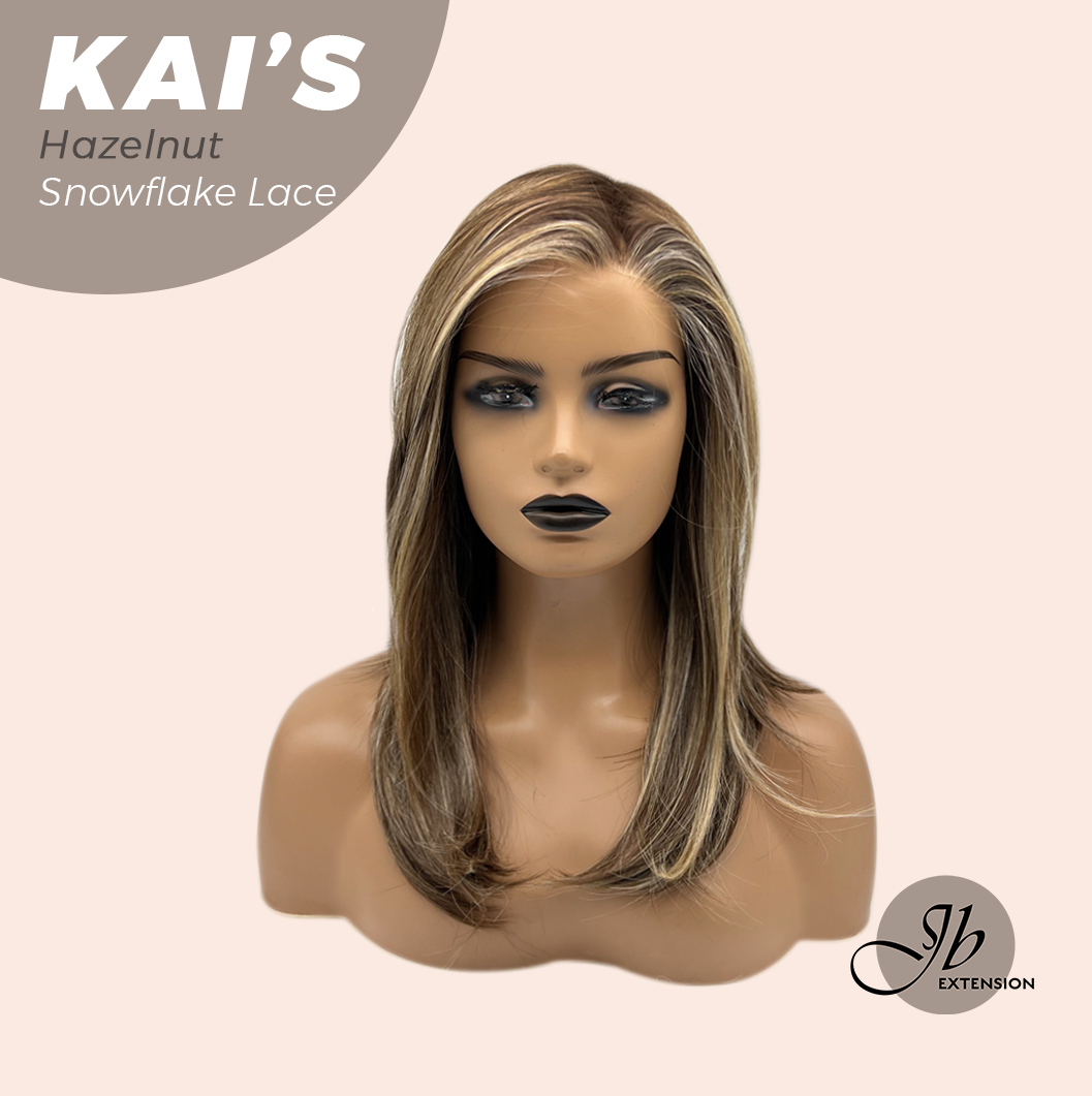 JBEXTENSION 18 Inches Hazelnut Blonde Highlight Pre-Cut Snowflake Lace Frontlace Glueless Wig KAI'S HAZELNUT【PERMATEASE】【BENDY EAR TABS】- M/L