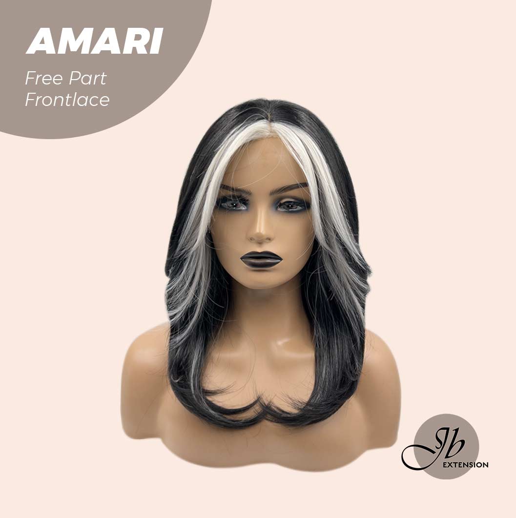 JBEXTENSION 18 Inches Black With White Highlight Pre-Cut Free Part Frontlae Glueless Wig AMARI