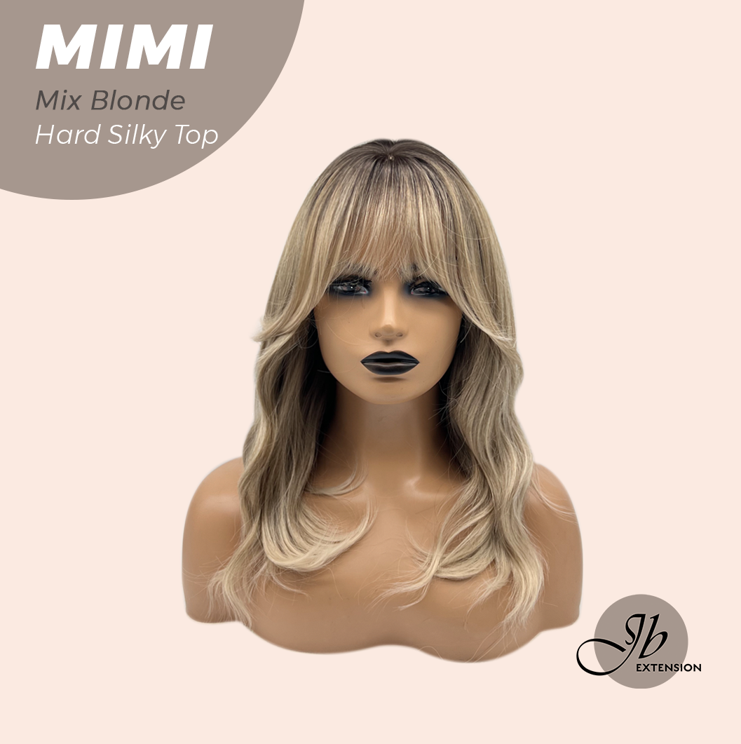 JBEXTENSION 16 Inches Scalpiana 3.5X4 Hard Silky Top Natural Scalp Effect Mix Blonde Body Wave Wig With Bangs Wig MIMI SILK TOP MIX BLONDE