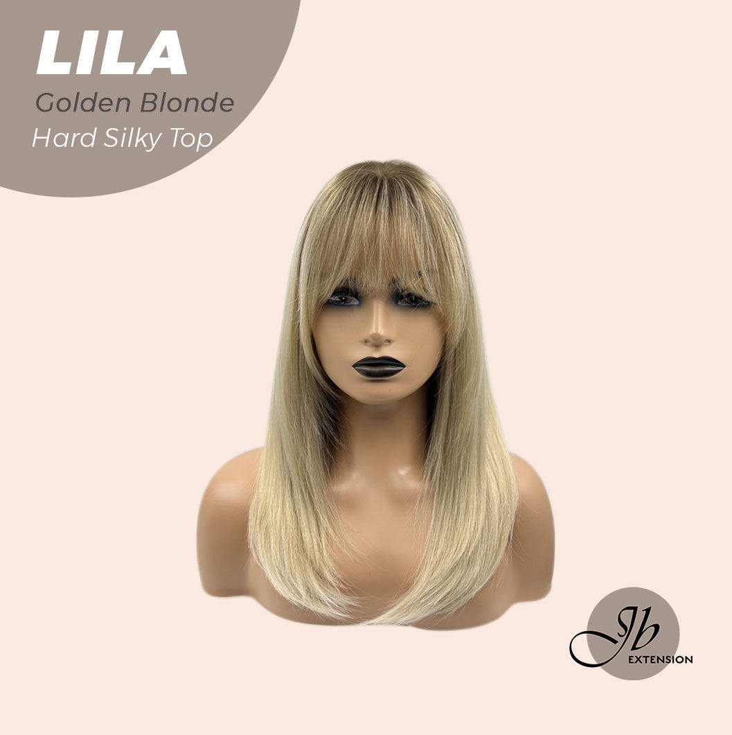 JBEXTENSION 20 Inches Scalpiana Blonde with Dark Root Wolf Cut 3.5X4 Hard Silky Top Natural Scalp Effect Wig With Bangs LILA GOLDEN BLONDE