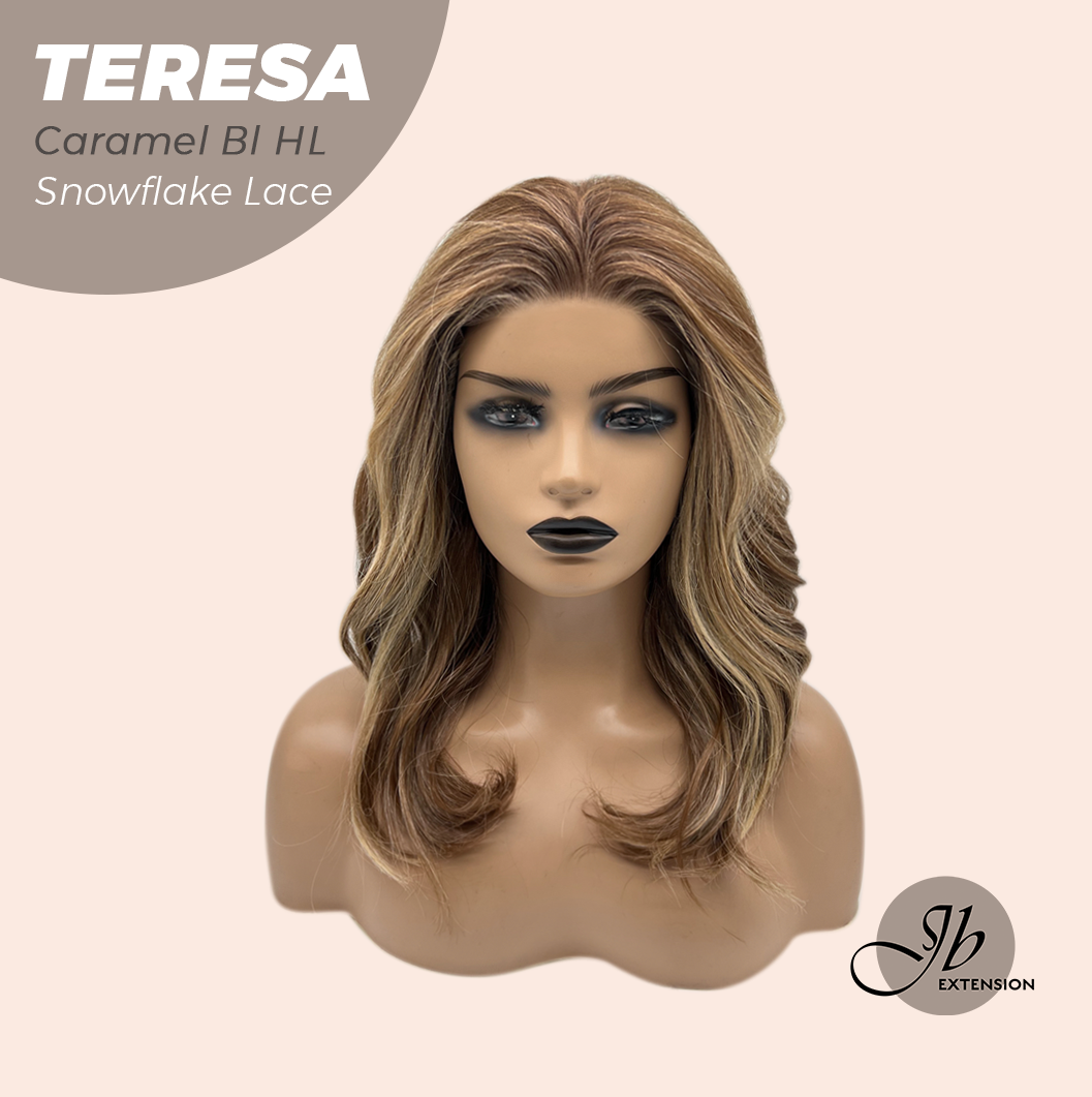 JBEXTENSION 18 Inches Caramel Blonde Highlight Pre-Cut Snowflake Lace Frontlace Glueless Wig TERESA CARAMEL BLONDE HIGHLIGHT【PERMATEASE】【BENDY EAR TABS】