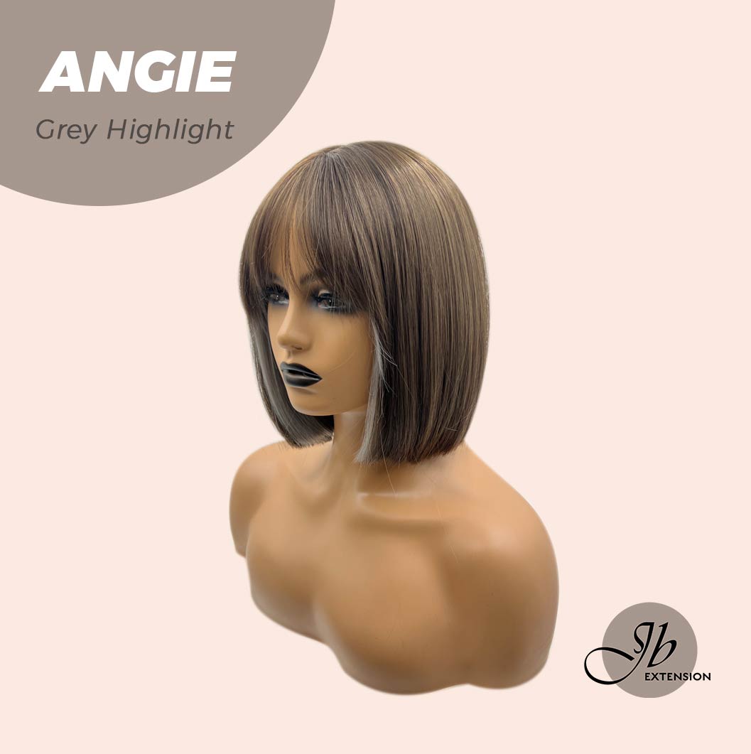 JBEXTENSION 12 Inches Bob Cut Dark Brown With Grey Highlight Wig With Bangs ANGIE GREY