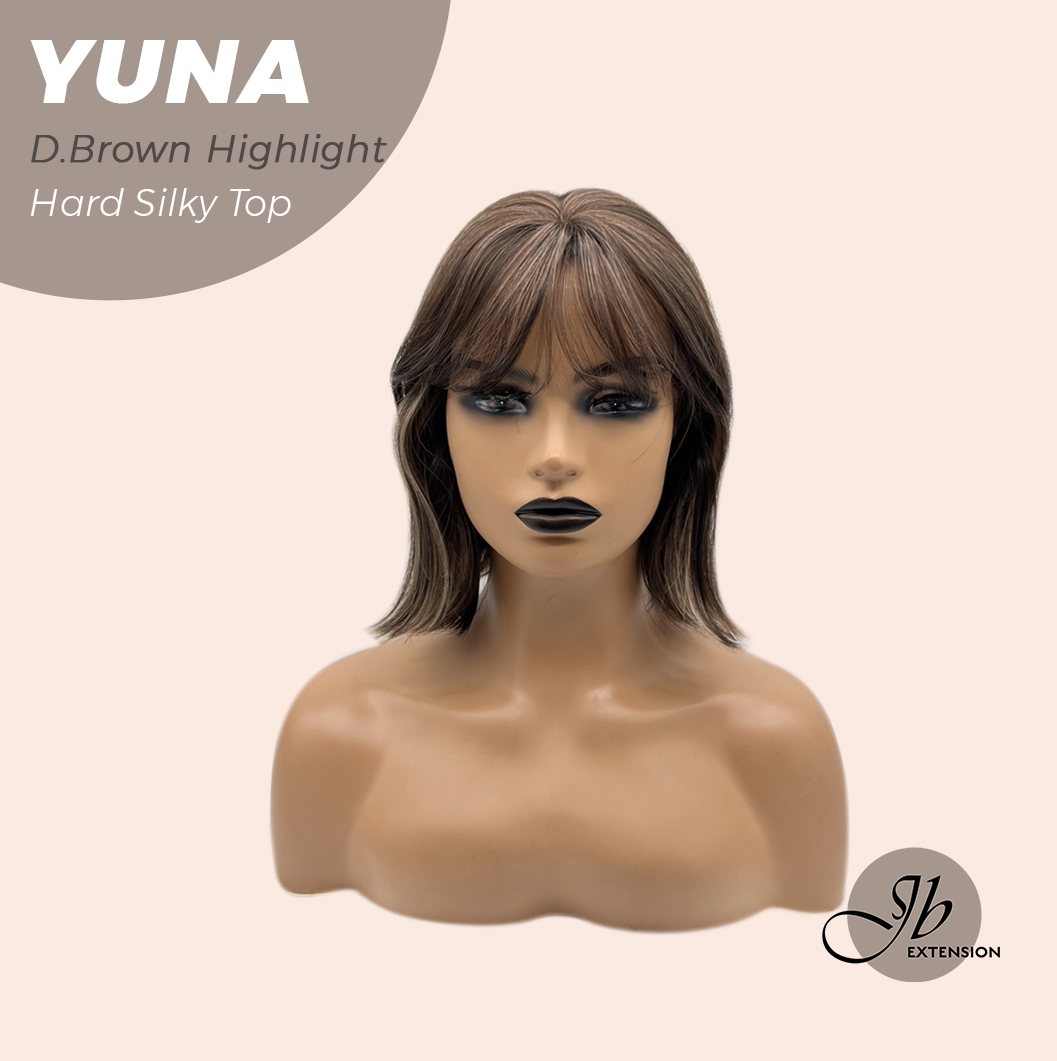 JBEXTENSION 12 Inches Scalpiana Dark Brown with Highlight 3.5X4 Hard Silky Top Natural Scalp Effect Women Wig With Bangs YUNA DARK BROWN HIGHLIGHT