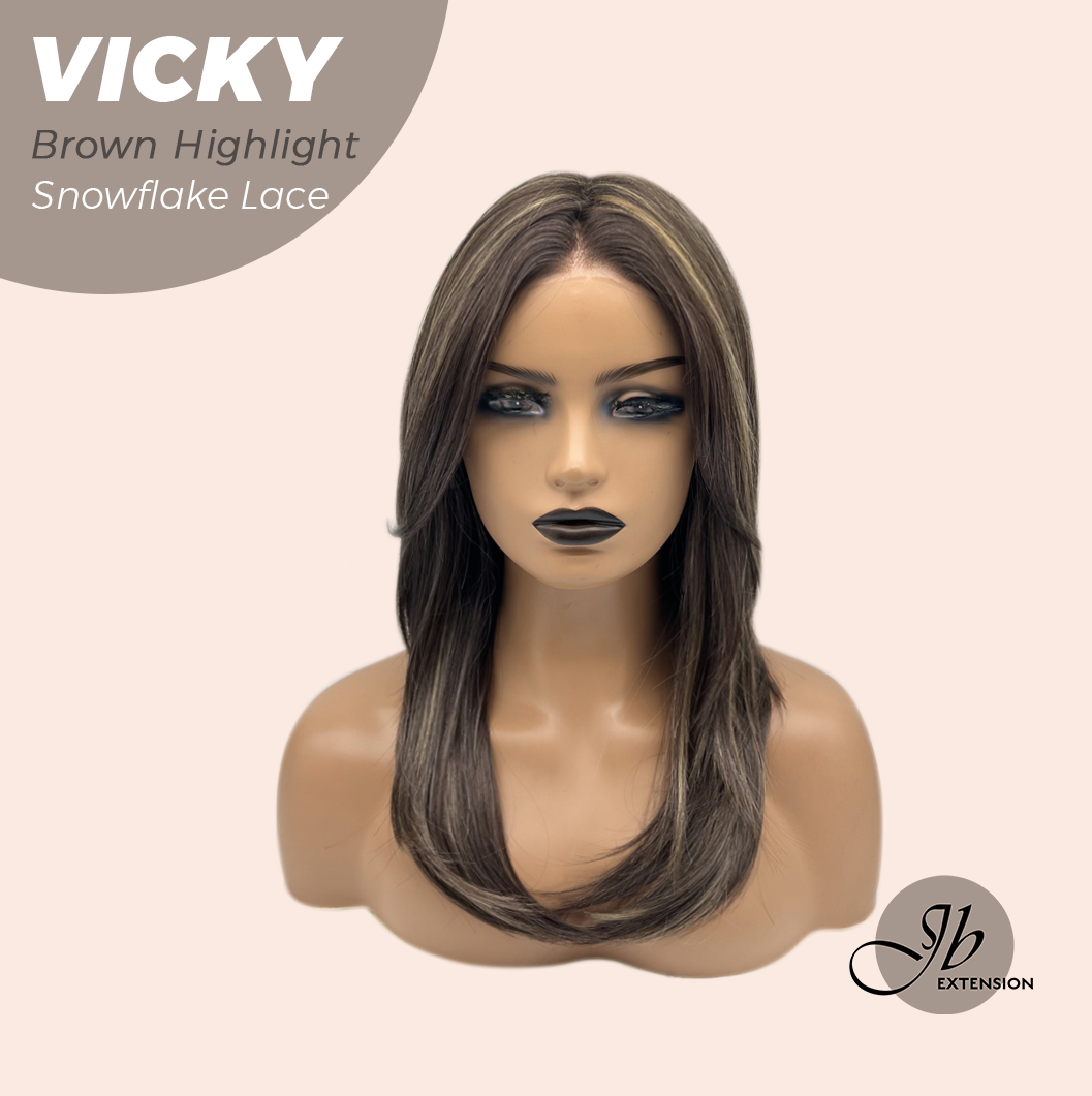 JBEXTENSION 20 Inches Dark Brown with Highlight Pre-Cut Snowflake Lace Frontlace Glueless Wig VICKY BROWN HIGHLIGHT【PERMATEASE】【BENDY EAR TABS】- M/L